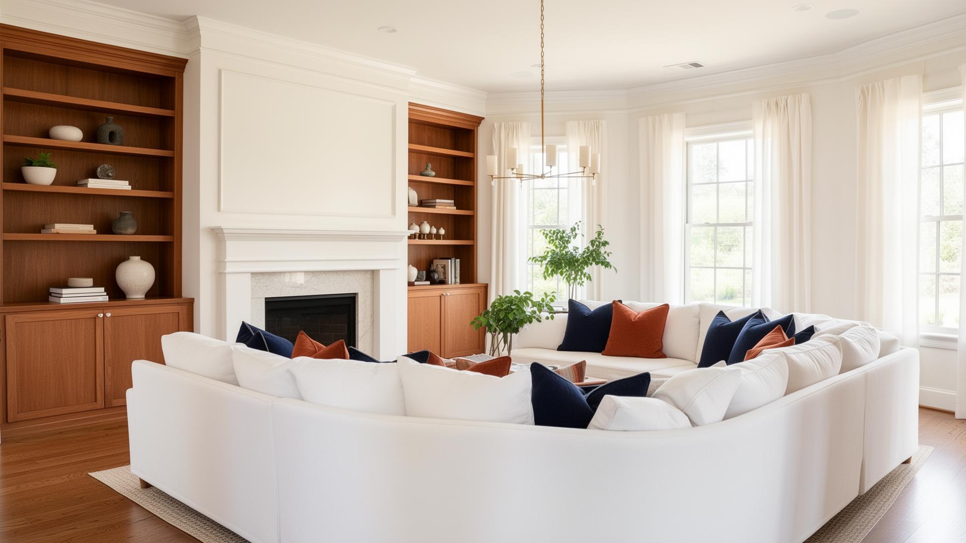 Bright, upscale living room with built-ins and fireplace