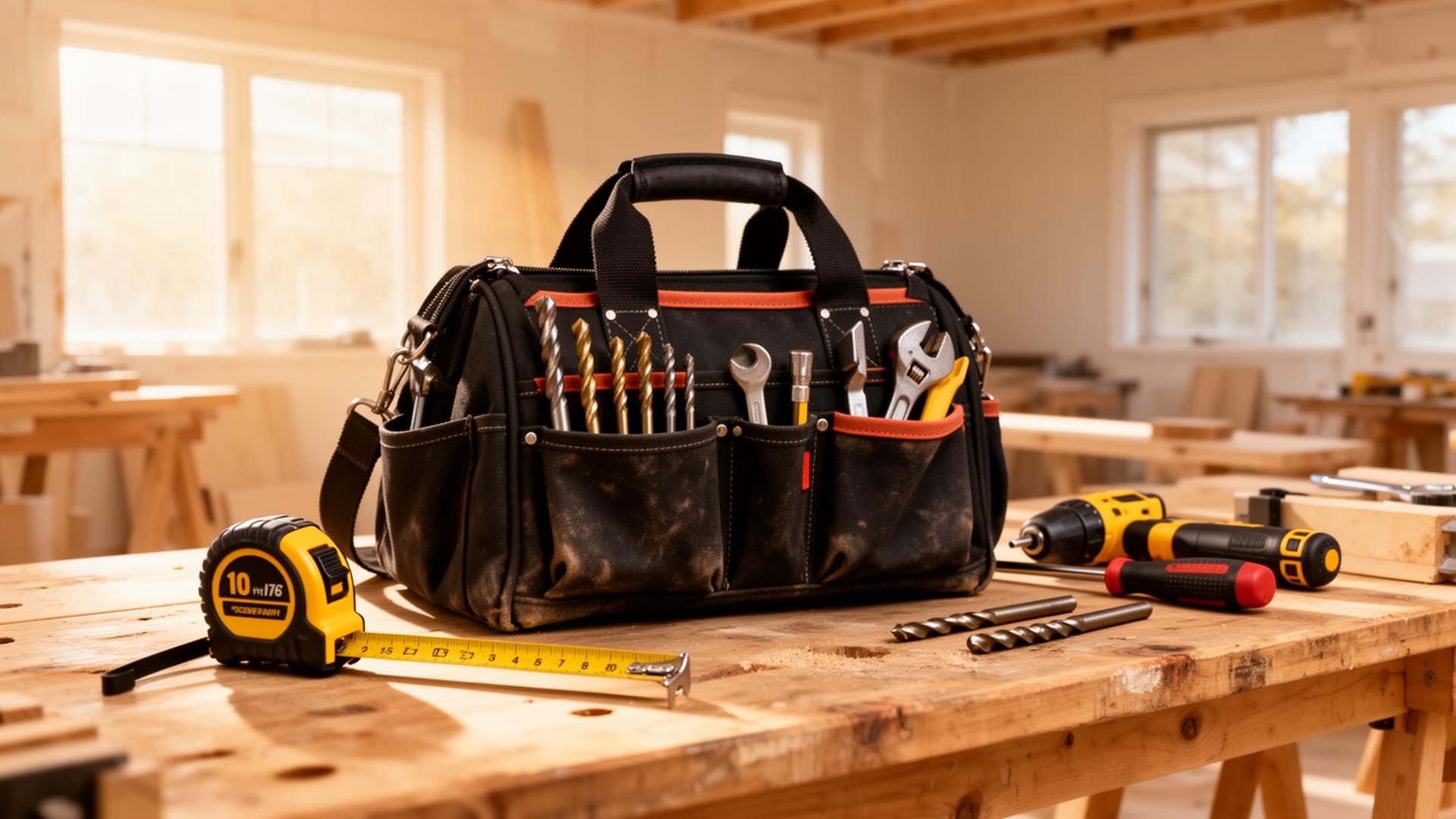 Professional handyman tools on a workbench